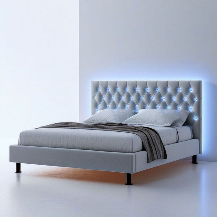 Graues Polsterbett 160 x 200 cm mit Samtbezug und blauem LED-Kopfteil