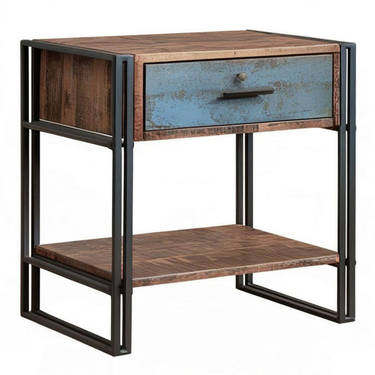Nachttisch im Industrial-Stil mit Schublade und Ablage, 40 x 40 x 50 cm, Blau/Braun/Schwarz