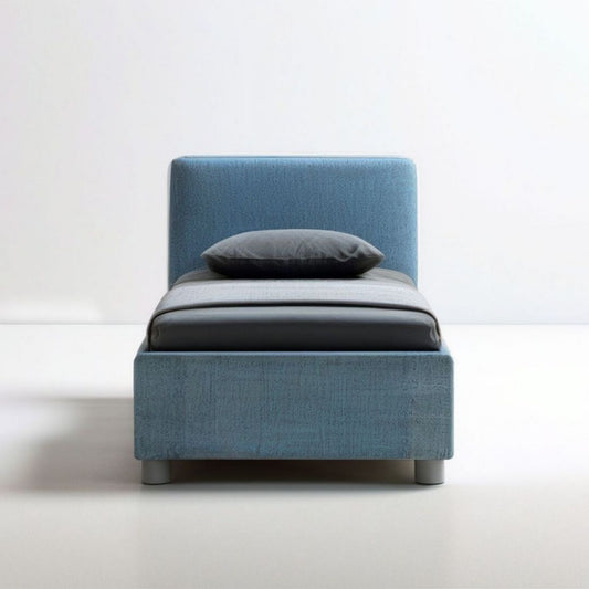 Gepolstertes Einzelbett 90 x 200 cm in Blau/Grau mit rechteckigem Kopfteil